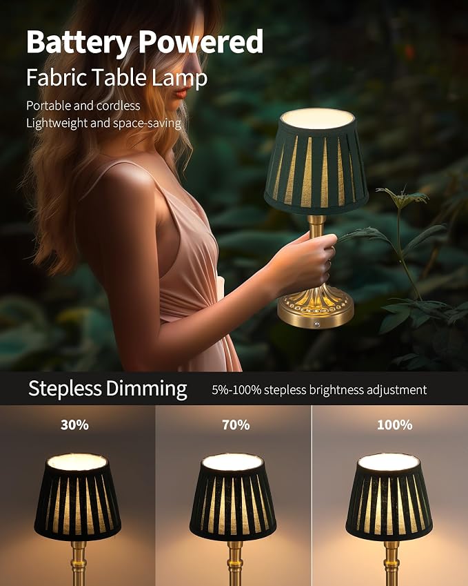 KDG Gold Cordless Table Lamps Set of 2, Green Fabric Shade Small Desk Lamp | Portables, 5000mAh Battery Powered, LED Lighting, 2700K Stepless Dimmable, Light for Living Room, Dining Room, Bedroom