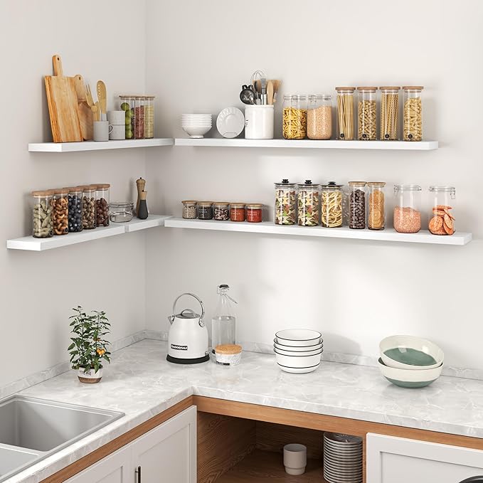 Heimlove Floating Shelves for Wall 32 Inch,Mounted Storage Wood Shelves with Invisible Brackets Hanging Shelf for Bedroom Living Room Kitchen Office,Set of 2,White