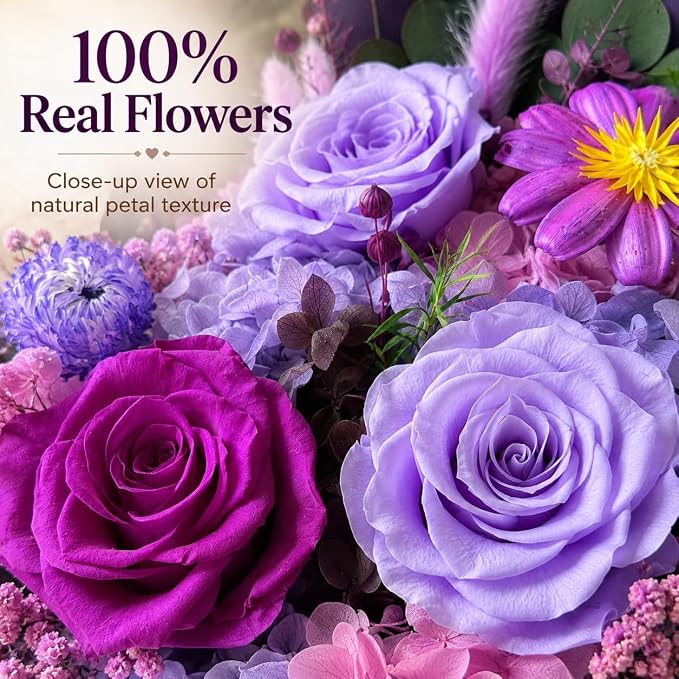 Preserved Purple Rose Bouquet, 100% Real Flowers for Women Mother Wife, Long-Lasting Eternal Roses with Gift Box, Forever Flowers for Anniversary Birthday Mother's Day, Lasts 3-5 Years