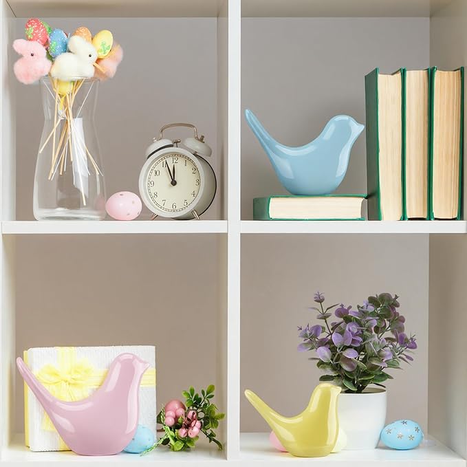 AceOrbit 3 Pcs Spring Small Animal Statues Pink Birds Decor Pastel Color Sculpture Ornaments Blue Yellow Bird Figures for Spring Home Office Table Desktop Bookshelf Mantelpiece Shelf