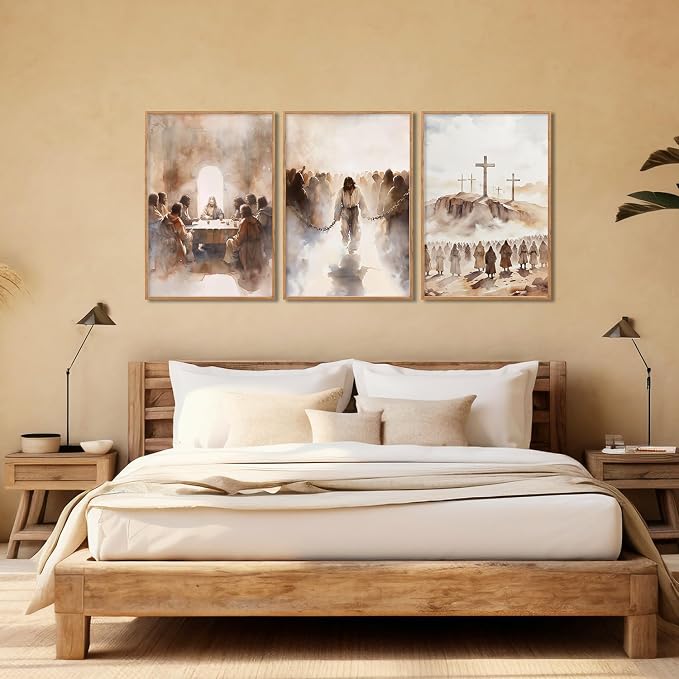 LHIUEM Large Jesus Neutral Framed Canvas Wall Art Set,Christ Church Wall Decor,Christian Bible Story Religious Easter Last Supper Artwork for Living Room,Churches,Prayer Room Decor- 16''x24''x3
