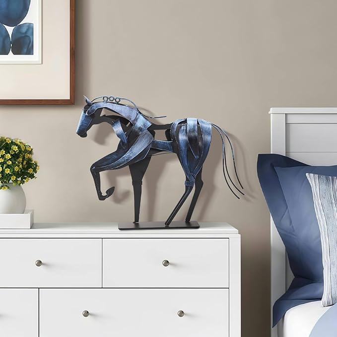 SunBlogs Art Metal Horse Statue Décor, Handmade & Hand-Painted Modern Western Horse Decoration, Rustic Iron Sculpture Gifts for Home Office for Horse Lovers (Vintage Blue)