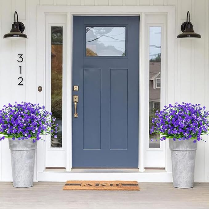 Ouddy Decor 24 Bundles Artificial Flowers for Outdoors UV Resistant Fake Plastic Plants Faux Greenery Stems for Spring Summer Indoor Garden Patio Window Box Kitchen Home Decor, Purple