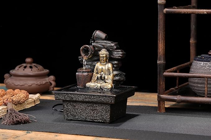 Tabletop Water Fountain Buddha Statue Desktop Indoor Waterfall Fountain Tabletop Humidifiers Home Decoration for Office, Living Room, or Bedroom
