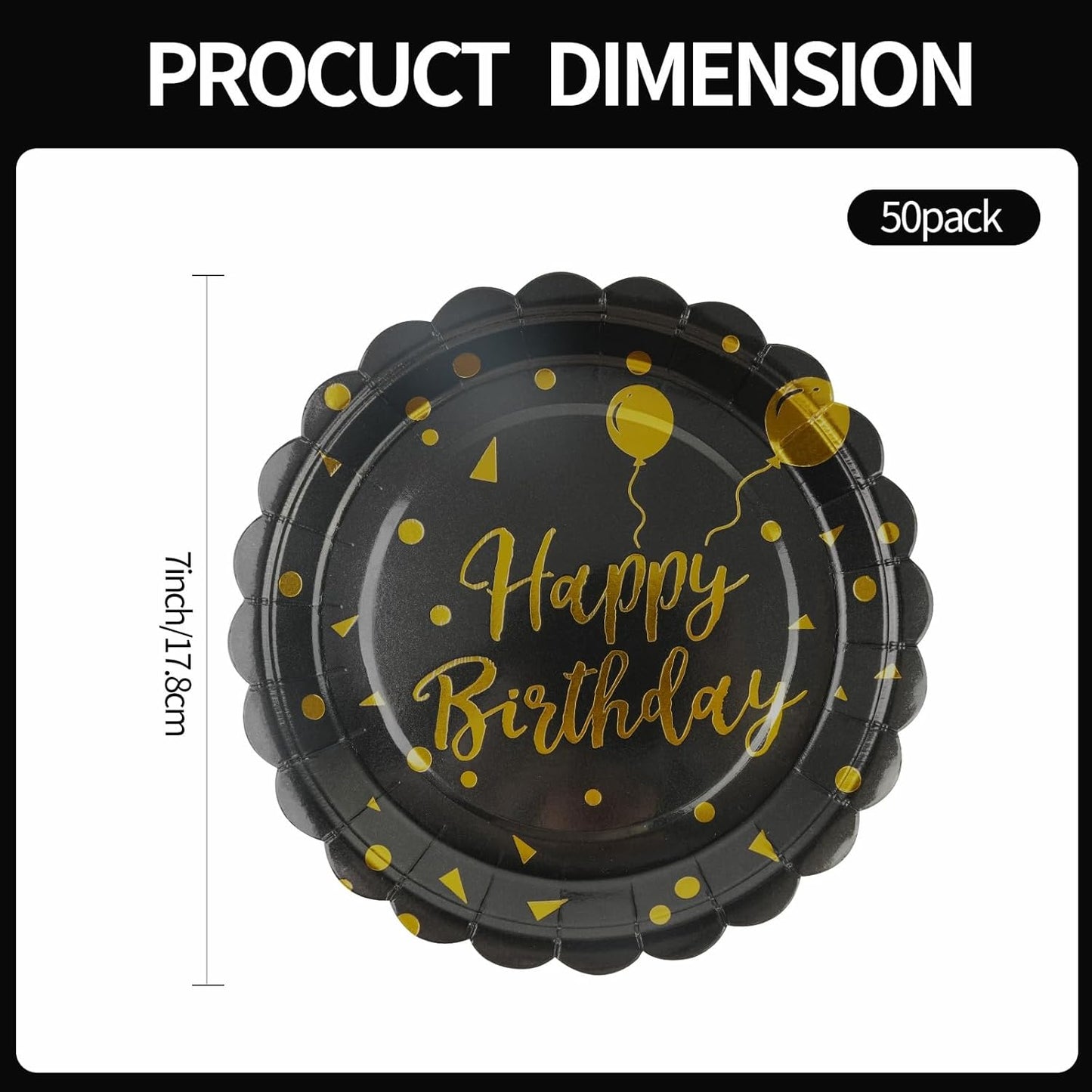 50PCS Birthday Paper Plates - 7 Inch Birthday Cake Plates Scalloped Black and Gold Dessert Plate Disposable Tableware Decorations for Birthday's Party Supplies