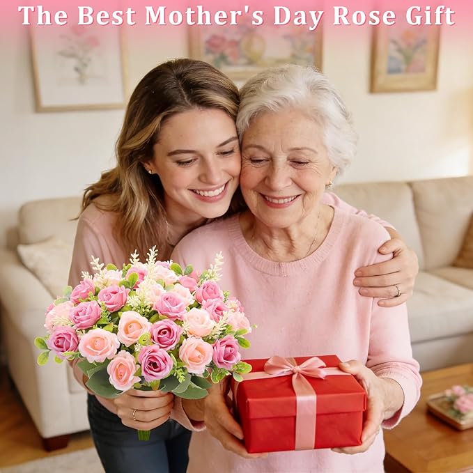 TURNMEON 40 Heads Fake Roses Artificial Flowers for Outdoors Summer Decor, 4 Bouquets UV Resistant Fake Flower Bouquet Faux Silk Roses for Wedding Birthday Party Home Mother's Day Cemetery Decor(Pink)