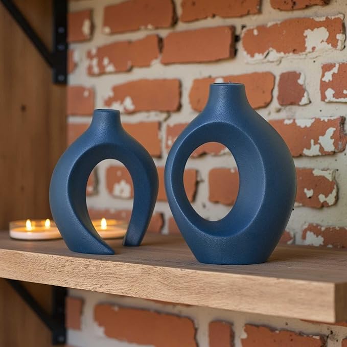 Lvases Snuggle Hollow Ceramic Vase Set of 2, Nordic Modern Boho ins Style Ceramic Aesthetic Flower Vases for Home Decor Living Room Coffee Table Decorative (Matte Navy Blue W 6.3" X H 8.4")
