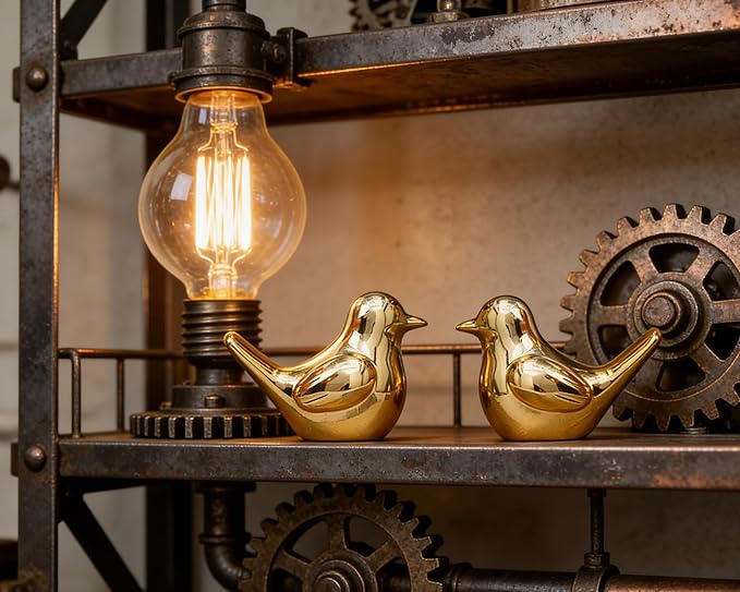 Small Gold Bird Statue Ceramic 2-Piece Set, 3¾ inch Cute Knick Knack for Home Office Shelf Desk Decor