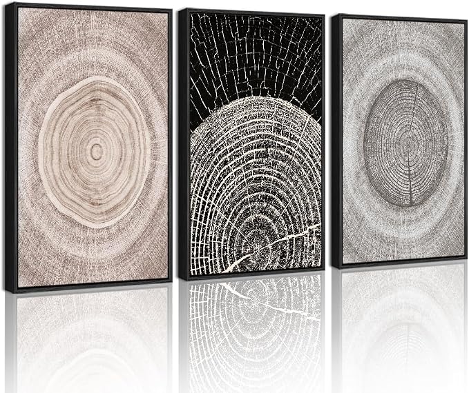 PHOPAGO Vintage Wood Tree Rings Wall Art Farmhouse Rustic Framed Canvas Paintings Living Room Bedroom Decor Nature Artwork 11x14in Black Framed