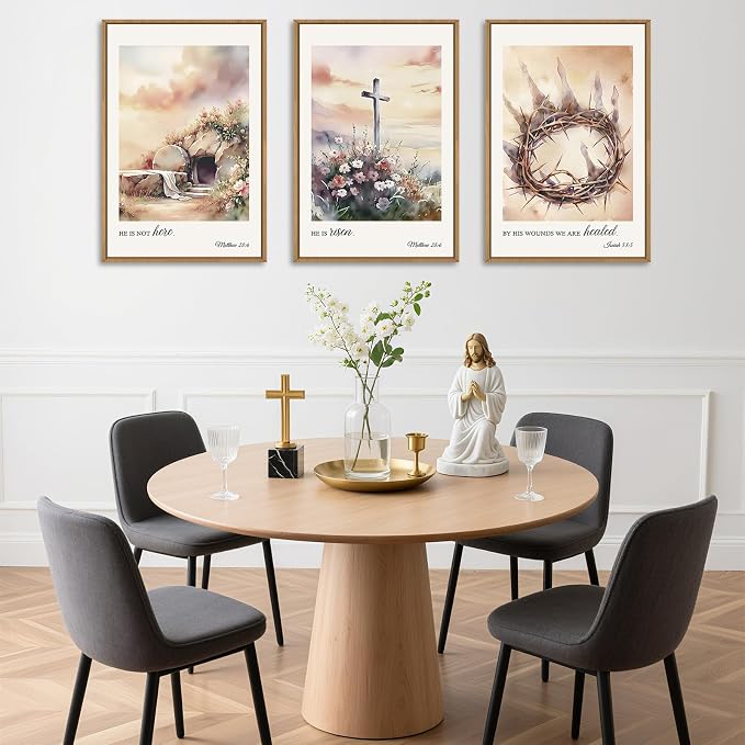 Vintage Christian Cross Framed Wall Art Set, Jesus Empty Tomb Canvas Wall Decor, Religious Bible Painting, Jesus Crucifixion Risen Easter Artwork for Living Room, Bedroom, Church -16''X24''X3