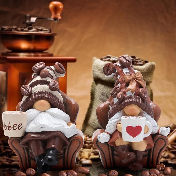 Hodao 2PCS Coffee Gnomes Coffee Bar Decor Accessories Spring Summer Swedish Tomte Elf Dwarf Figurines Leisure Time Gnomes Gift Tasteful Company on The Couch Indoor Home Decorations (Coffee1)