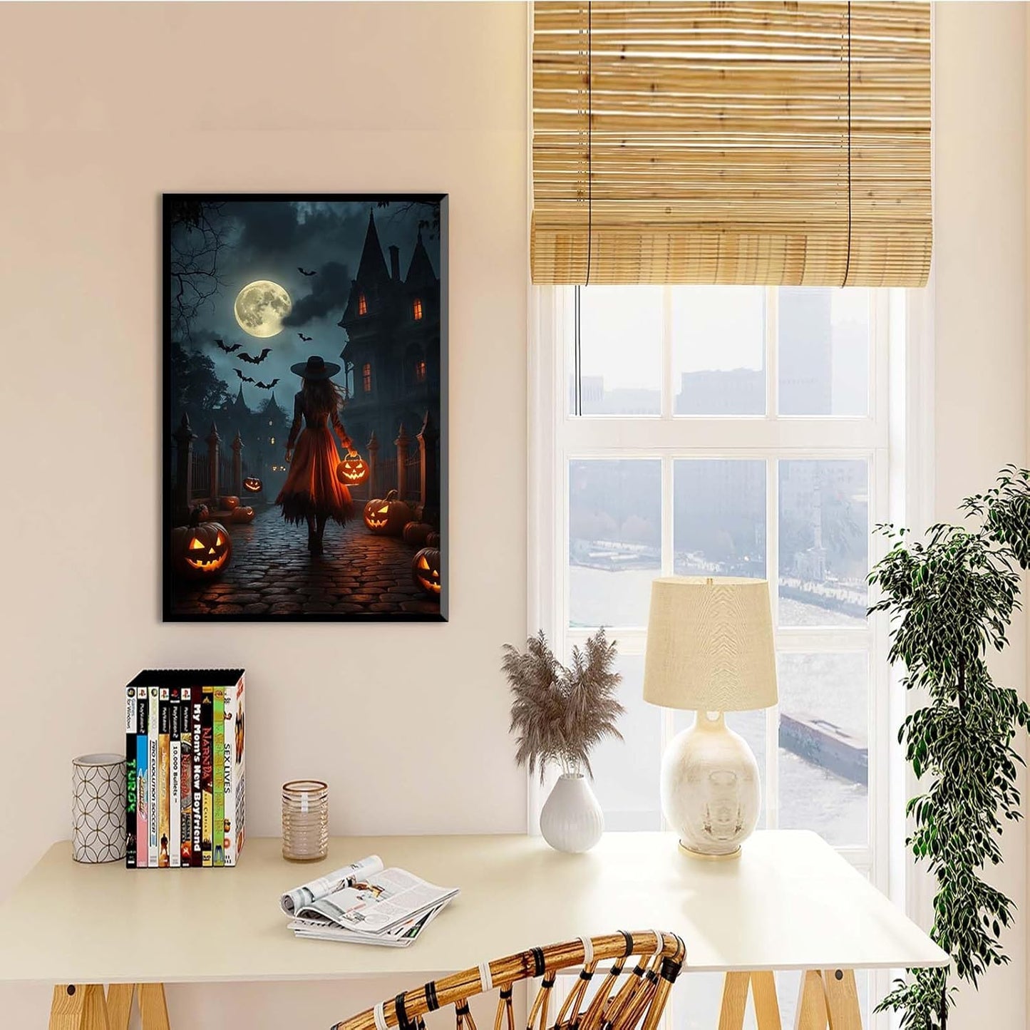 JFHCQJPK Halloween theme poster moonlit autumn night witch vintage poster art print dark college style gothic painting canvas wall decoration bedroom living room ideal gift24x36in Metal blackFramed