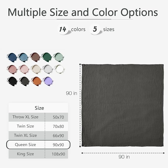 Carriediosa 100% Cotton Muslin Throw Blanket 90" X 90" Queen Size，4-Layers Summer Gauze Throws for Bed Couch，Soft Lightweight Breathable Linen Blankets Bedspread for Adults All Season，Dark Gery