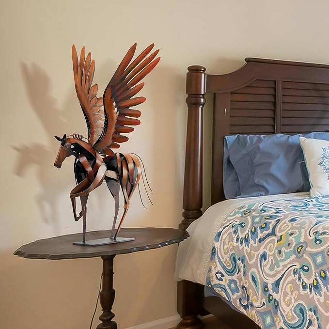 SunBlogs Art Horse Statue Décor Artwork, 24" H Handmade Metal Pegasus Greek Flying Horse Sculpture, Hand-Painted Animal Figurines for Home Living Room Office (Brown with Wings)