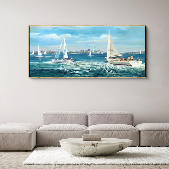 XLSJERST Coastal Paintings Framed Wall Art - Extra Large 70x31 Inches Landscape Modern Seascape Picture Sailboat Artwork for Living Room Bedroom Bathroom Office Home Wall Decor