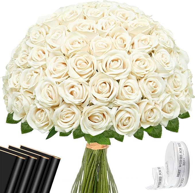 Waipfaru 50 Pcs Champagne Yellow Roses, Fake Roses Artificial Velet Flowers for Valentines Mothers Day Wedding Centerpieces Decor (Champagne)