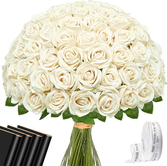Waipfaru 50 Pcs Champagne Yellow Roses, Fake Roses Artificial Velet Flowers for Valentines Mothers Day Wedding Centerpieces Decor (Champagne)