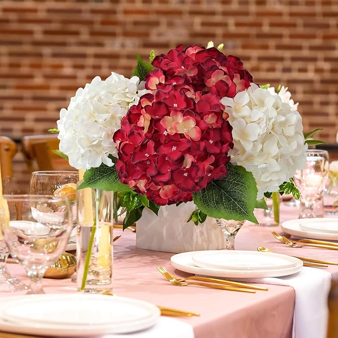 JINWOE 5Pcs Red & Yellow Silk Hydrangea Flowers,20Inch Large Lifelike Flowers,Halloween Christmas Artificial Hydrangeas for Indoor Bouquet Table Centerpieces Floral Arrangements Home Wedding
