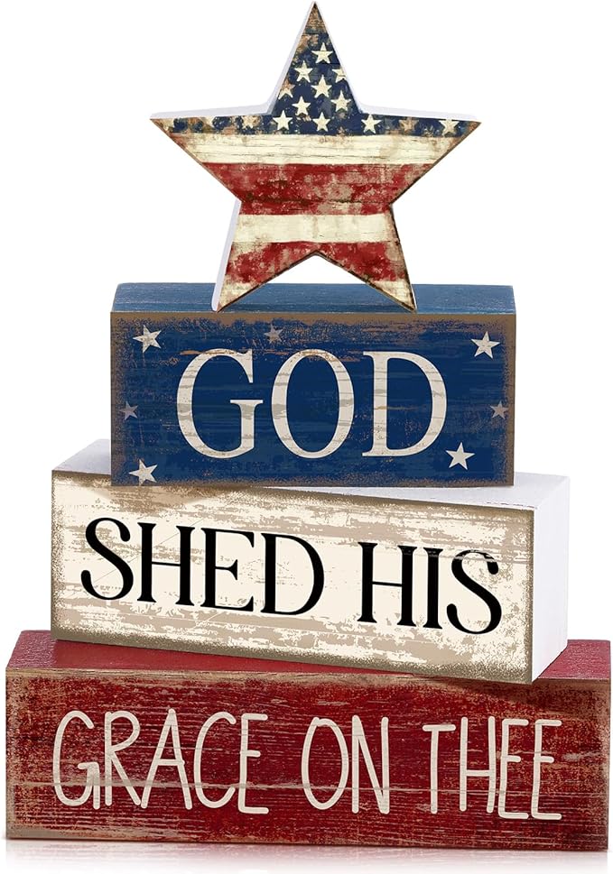 CroBlissful 4 Pcs 4th of July Decorations Patriotic Memorial Day Tabletop Decoration Red White Blue Table Centerpieces Sign for Office Tiered Tray Home Shelf 250th Anniversary(God Star)
