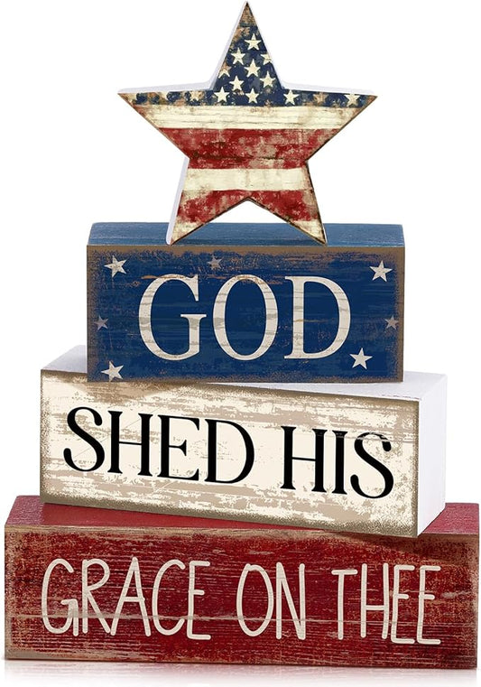 CroBlissful 4 Pcs 4th of July Decorations Patriotic Memorial Day Tabletop Decoration Red White Blue Table Centerpieces Sign for Office Tiered Tray Home Shelf 250th Anniversary(God Star)