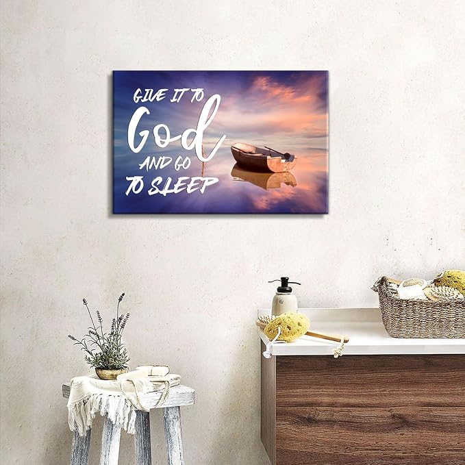 Beach Christian Wall Art Canvas Give It to God and Go to Sleep Religious Sign Poster Bedroom Wall Decor Bible Verse Scripture Artwork Sunset Boat Picture Living Room Above Bed Home Decorations 12x16''