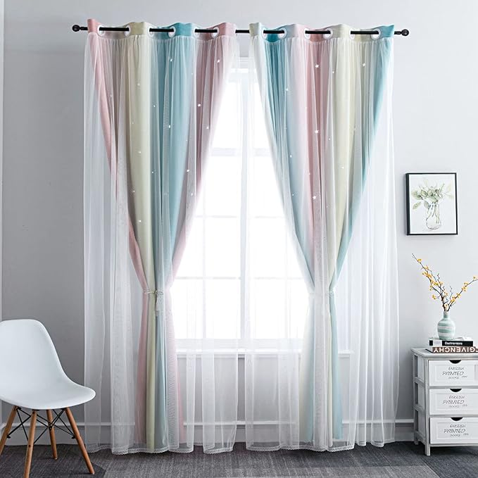 FANLI Ombre Rainbow Blackout Curtains for Kid Girls Bedroom Living Room Darking Stripe Double Layer Star Cut Out Wall Home Decor Gradient Grommet Window Curtains (Pink/Blue, 52W x 95L)