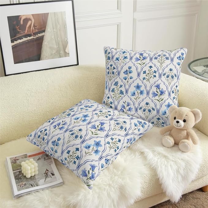Vintage Flower Block Print Throw Pillow Covers Blue Green Floral Pillow Covers 16x16 Set of 2 Spring Summer Pillow Cases Boho Farmhouse Cushion Cases for Home Sofa Couch Decor