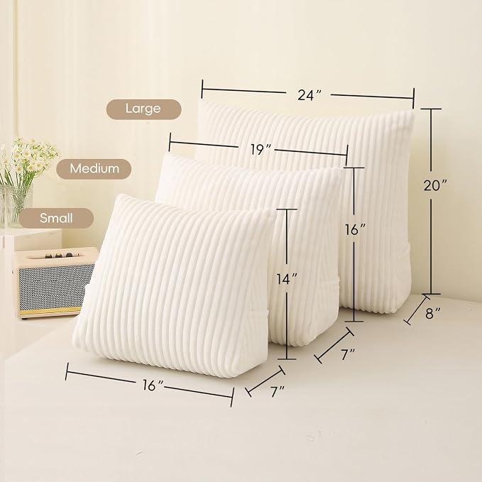 Corduroy Wedge Reading Pillow for Bed, 3 Sizes, 4 Colors for Bed, Sofa, Office Chair (White, Small 16 * 14 * 7in)