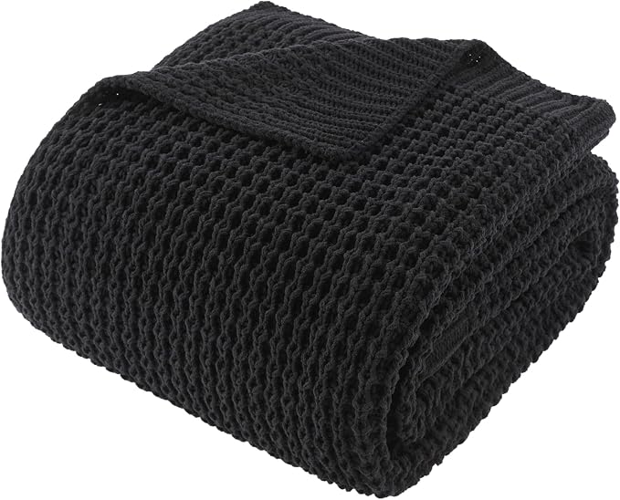 Bunnikins & Clover Black Waffle Knit Throw Blanket, Cozy Stylish Black Blanket for Sofa Bedroom, Home Decor, 50"x60"