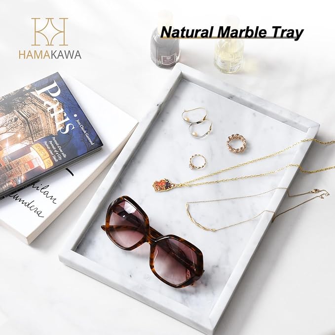 Italian White Marble Vanity Tray, Real Natural Bathroom Tray 12 inch, Carrara White Stone Trays, Large Perfume Trays, Cosmetic Organizer