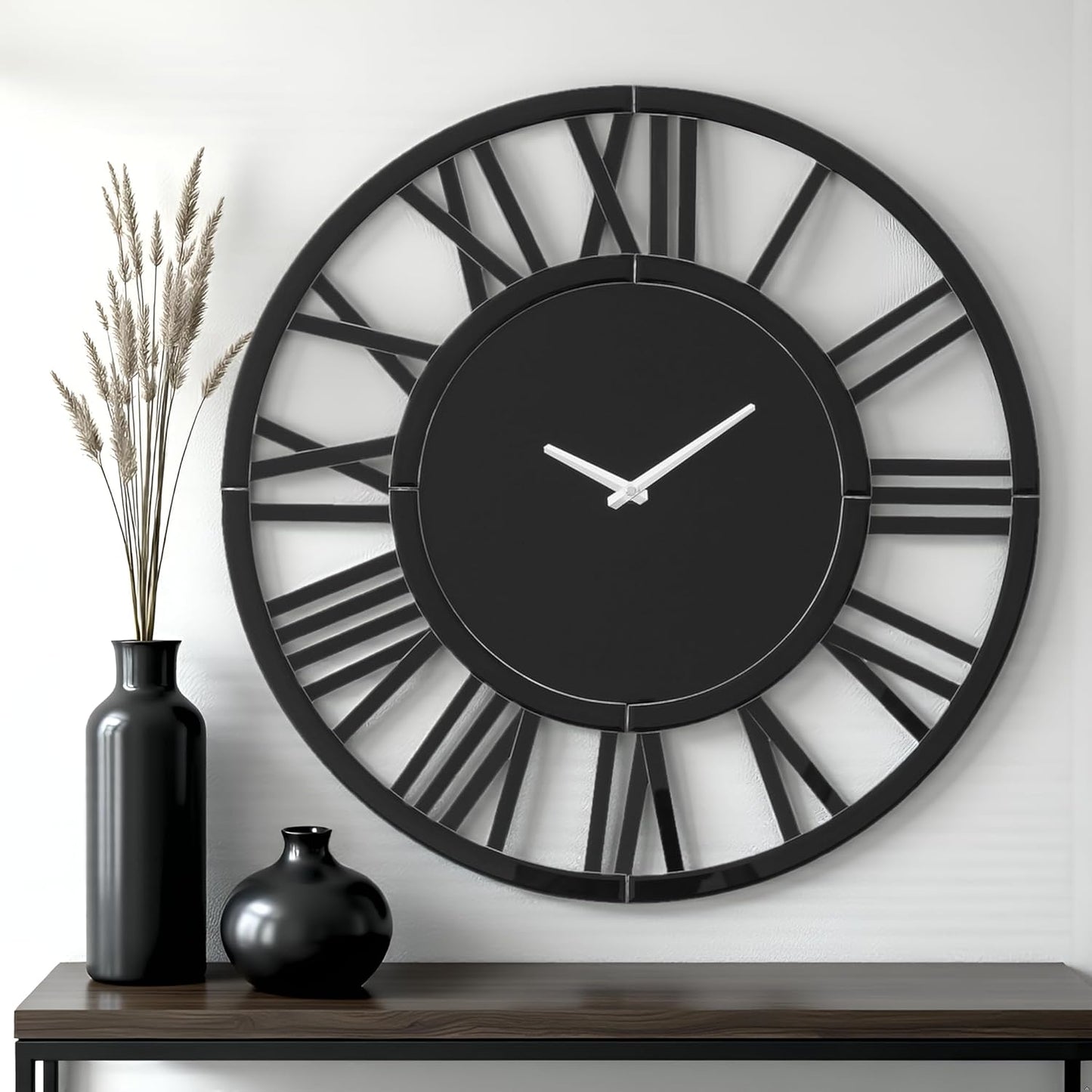 39.3" Oversize Wall Clock - Modern Black Glass Large Wall Clock with Roman Numerals, Decorative Wall Clocks for Living Room, Bedroom, Office - Easy to Hang, Silent Non-Ticking
