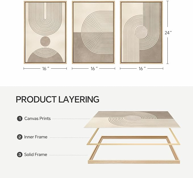 Framed Neutral Modern Minimalist Wall Art for Living Room, 3 Piece Boho Abstract Canvas Prints Artwork for Walls, Mid Century Boho Neutral Geometric Paintings for Bedroom Hallway Wall Decor, 16x24 In