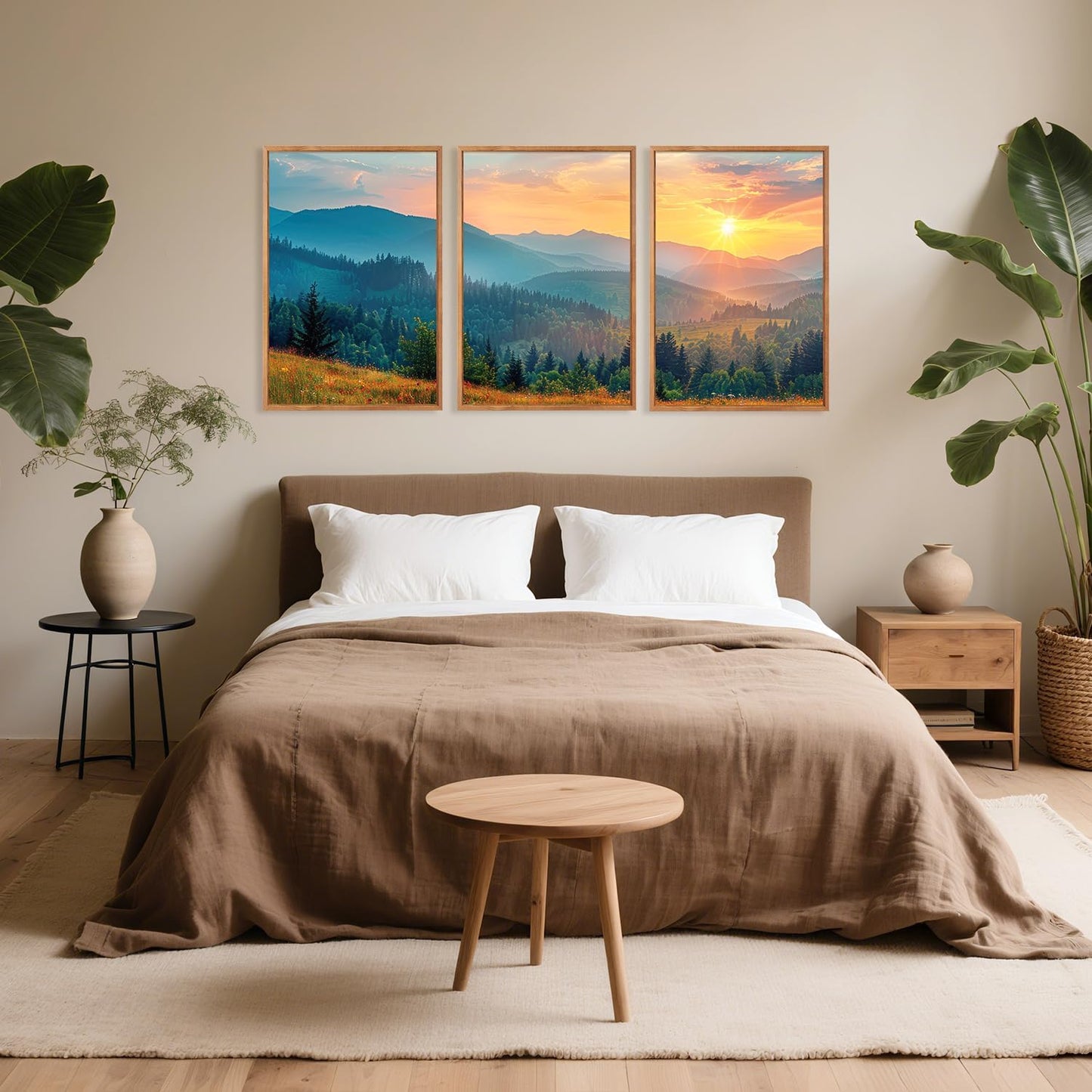 Aurlan Boho Mountain Sunset Landscape Framed Wall Art(16"x24"), 3PCS Green Blue Ridge Grand Teton National Park Canvas Artwork, Abstract Modern Watercolor Nature Forest Scenery Decor for Home Office Bedroom
