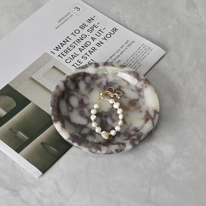 ZSHAWN Natural Marble Ring Dish Jewelry Tray – 5.5" Trinket Dish for Rings Earrings Necklace, Scratch-Resistant Vanity Organizer, Elegant Gift for Women (Calacatta Viola)