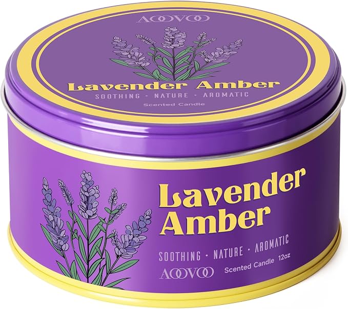 AOOVOO Lavender Amber Candle for Relaxation - 3 Wick 12oz Large Scented Candle with Amethyst & Dried Lavender Inside, Soy Wax Non Toxic for Sleep, Meditation, Aromatherapy Gift for Women Men
