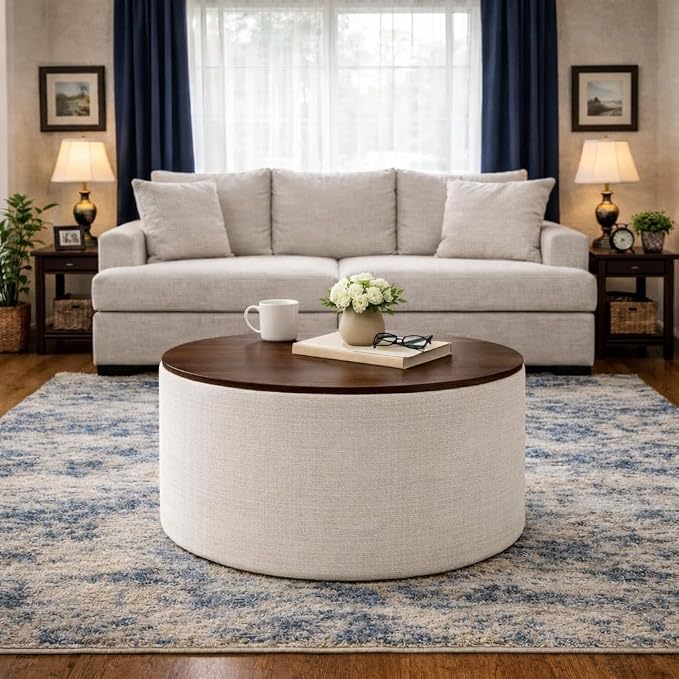 HomePop Modern Fabric Storage Ottoman with Wood Top - Stain-Resistant Cream Woven