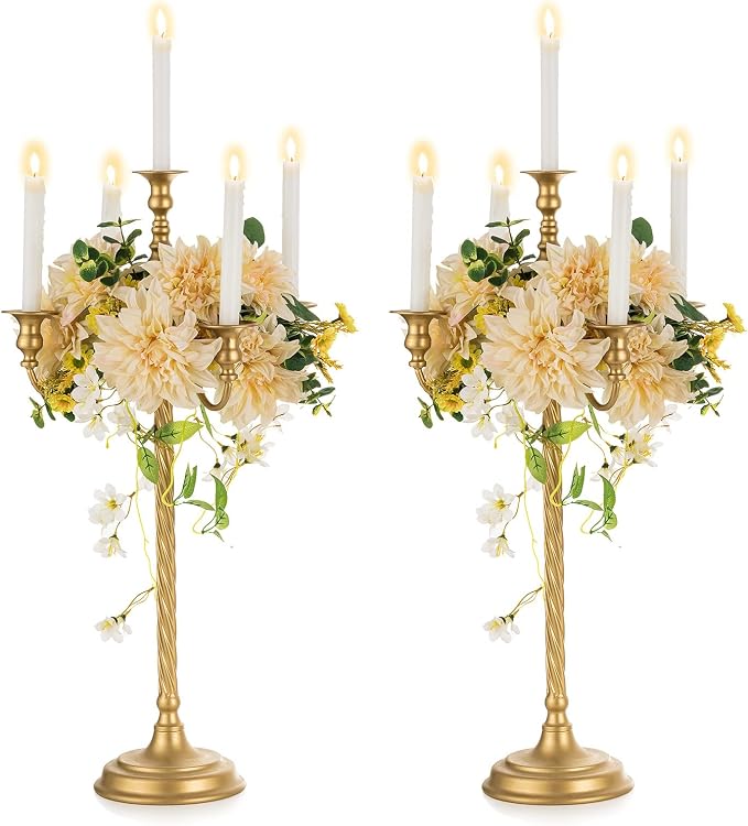 Nuptio Tall Candelabra Candle Holder 2 Pcs 28in Floor Candlestick Holders Taper Candle Holders Gold 5 Arm Candelabras Candle Stand Floral Centerpiece for Fireplace Wedding Birthday Reception Event