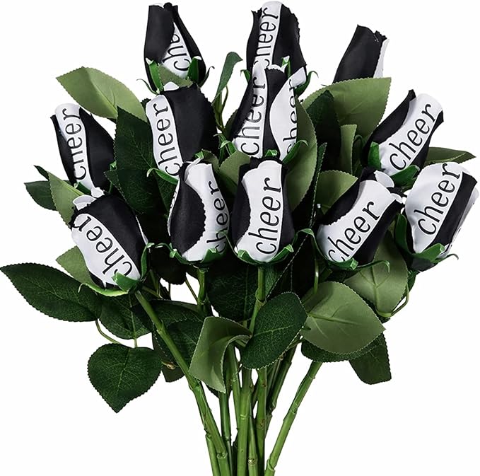 Suhine 12 Pcs Black Cheer Gifts Cheerleader Cheerleading Artificial Rose Flowers Gifts Bulk for Women Cheer Team Sport Game Day Birthday Graduation Party Decorations Favors(Black White, Normal)