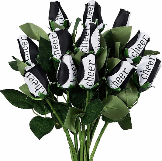 Suhine 12 Pcs Black Cheer Gifts Cheerleader Cheerleading Artificial Rose Flowers Gifts Bulk for Women Cheer Team Sport Game Day Birthday Graduation Party Decorations Favors(Black White, Normal)