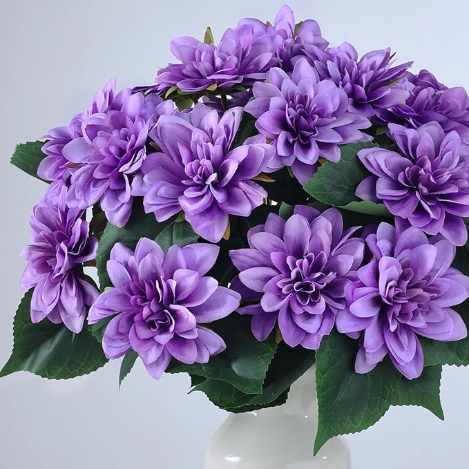VIERENA 8 Bundles Artificial Dahlia Flowers for Outdoors Spring Summer Decor, No Fade Silk Flower Faux Dahlias Plant Arrangement for Home Garden Balcony Farmhouse（Purple）