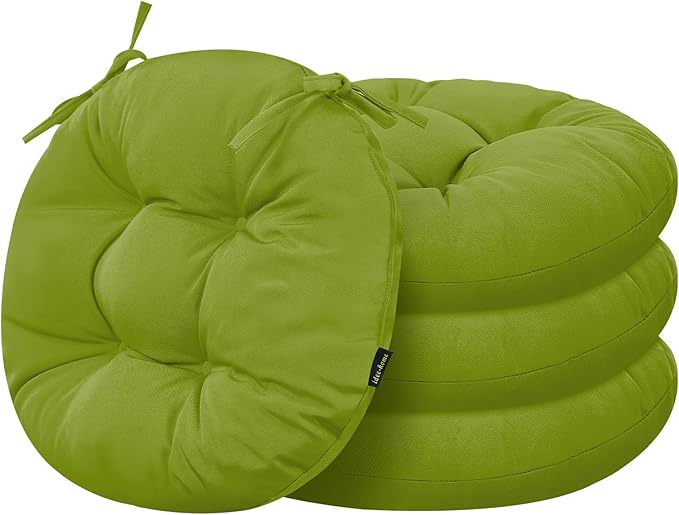 idee-home Outdoor Bistro Chair Cushions Set of 4, Round Seat Cushions | 18”x18”x 6” Thick Outdoor Round Seat Pads Tufted with Ties, Waterproof Patio Furniture Pads for Garden