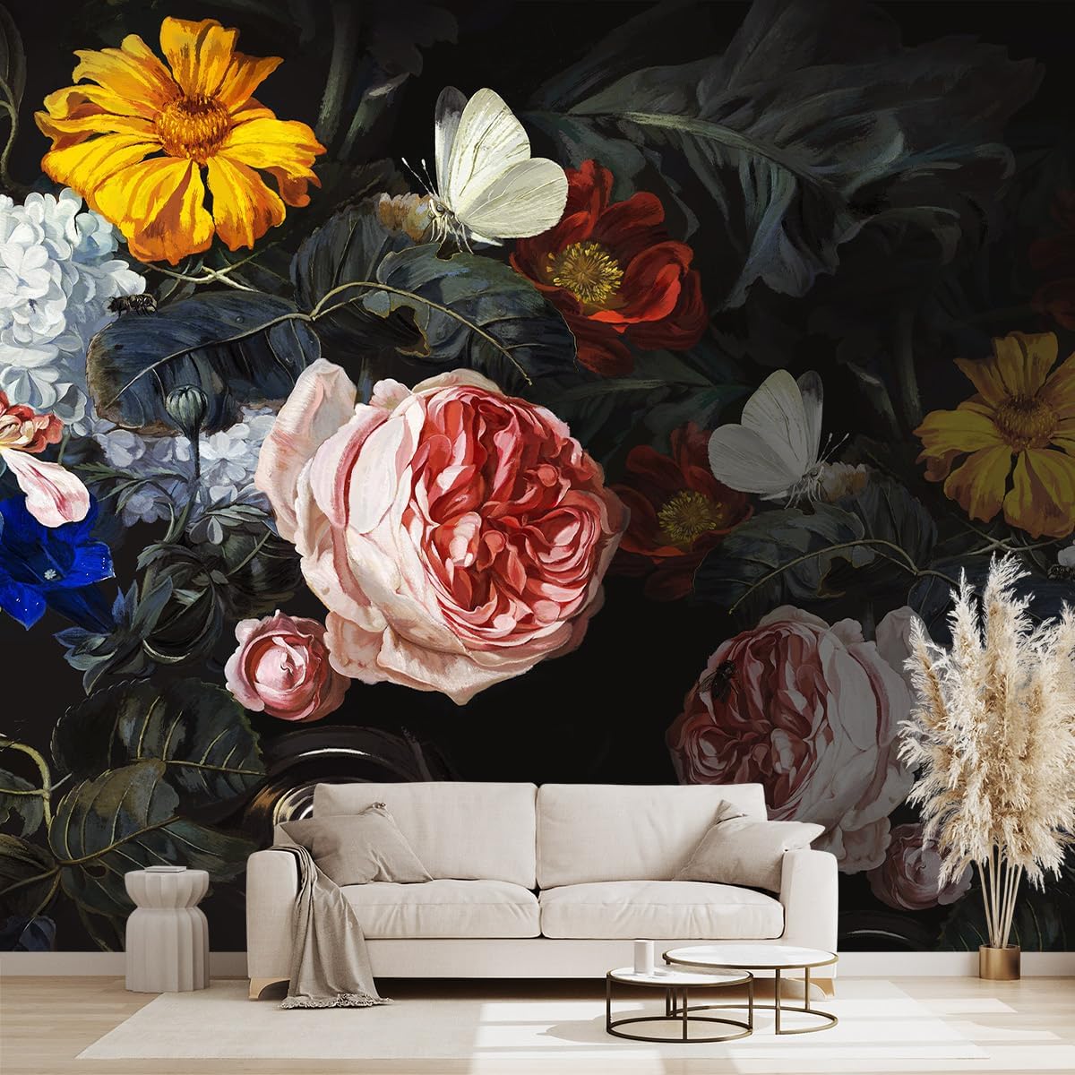 Vintage Black Flowers Mural Bedroom Peony Floral Wallpaper Room Decor Living Room tv Background Large Wall Mural - 160"x108" (Not Peel and Stick)