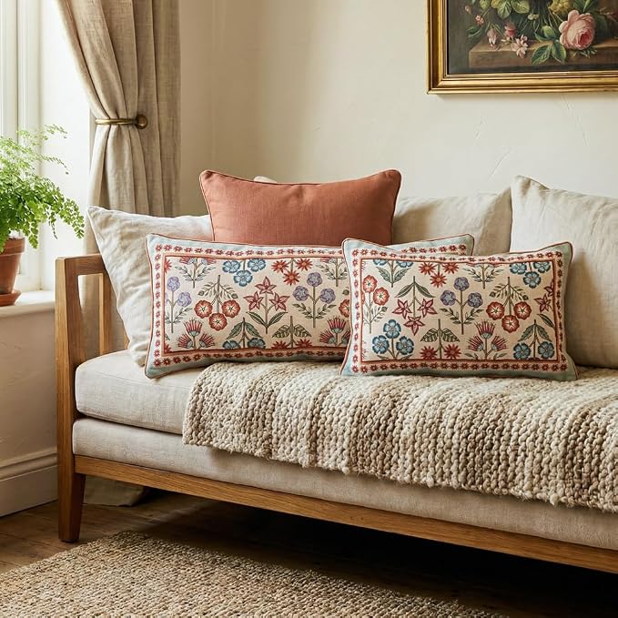 bilin gaier Rectangle Linen Throw Pillow Covers,28"x12" Set of 2-Lohi A | Designer Vintage Elegant Pillow Cover,Concealed Zipper,Colorful Floral Pattern,Sofas,Bedroom,Living Room,Chairs