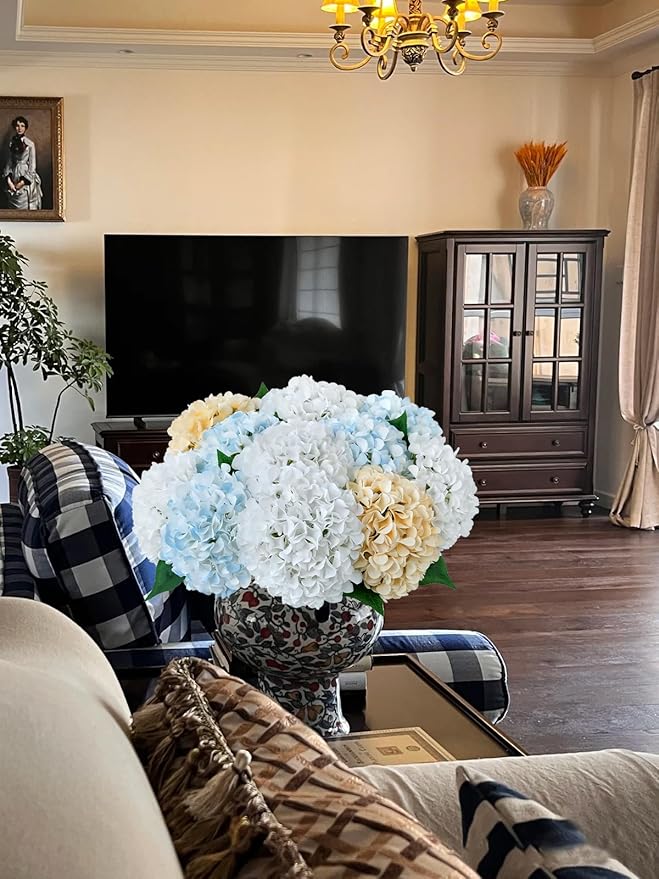 ZYTUYO 5 Pcs Pure White Silk Hydrangeas Artificial Flower Boho Dried Touch 20'' Faux Hydrangeas for Indoor Home Decor Kitchen Living Room Outdoor Porch Wedding Flower Arrangement