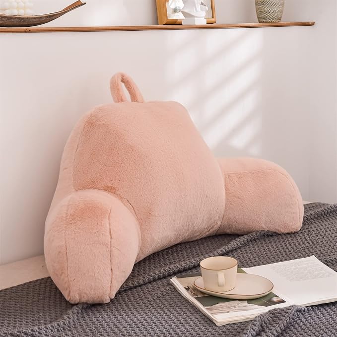 A Nice Night Faux Fur Soft Reading Pillow Bed Wedge Adult Backrest with Arms Back Support for Sitting Up in Bed/Couch for Bedrest,Pink,Large