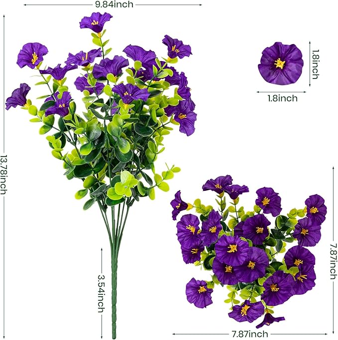 Nigirior Artificial Faux Flowers for Outdoor 16 Bundles Boxwood Fake Morning Glory for Planter,UV Resistant Fake Flowers for Home Porch Patio Outside（Purple）