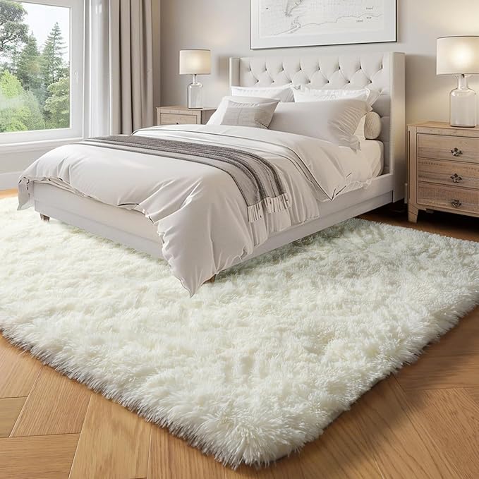 PAGISOFE White Fluffy Shag Washable Area Rugs for Living Room 5x7 Ft,Cream White Soft Shaggy Rugs for Bedroom,Office Ivory Carpet Boys Girls Dorm Pastel Rug for Kids Room Home Decor Aesthetic