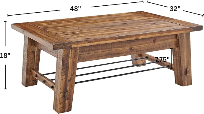 Alaterre Furniture Durango Solid Wood Coffee Table with Metal Storage Shelf | 48-Inch, Rustic Industrial Living Room Table, Metal Accent, Rustic Natural Grain Lacquer Finish