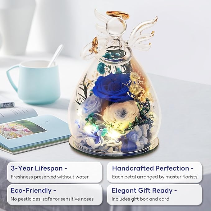 Blue Preserved Rose Angel Figurine, Get Well Soon Gifts for Women, Christian Sympathy Memorial Decor, Healing Real Flower Present for Her