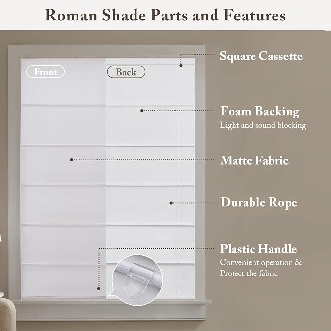 Madison Park Galen Matte White Cordless Roman Shades - Fabric Privacy Single Panel Darkening, Energy Efficient, Thermal Insulated Window Blind Treatment, for Home, Living Room Decor, 34" W x 64" H